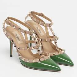 Pre Owned Valentino Beige/Green Leather and Patent Rockstud Pumps Size 36
