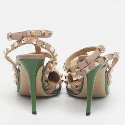 Pre Owned Valentino Beige/Green Leather and Patent Rockstud Pumps Size 36
