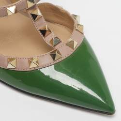 Pre Owned Valentino Beige/Green Leather and Patent Rockstud Pumps Size 36