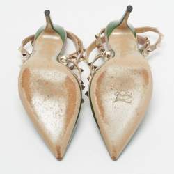 Pre Owned Valentino Beige/Green Leather and Patent Rockstud Pumps Size 36