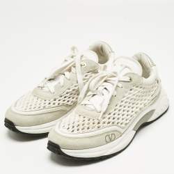 Pre Owned Valentino White/Grey Knit Fabric and Leather Ready Go Low Top Sneakers Size 37