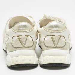 Pre Owned Valentino White/Grey Knit Fabric and Leather Ready Go Low Top Sneakers Size 37