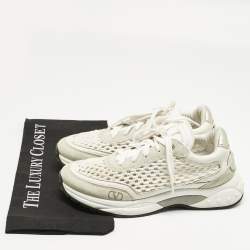 Pre Owned Valentino White/Grey Knit Fabric and Leather Ready Go Low Top Sneakers Size 37