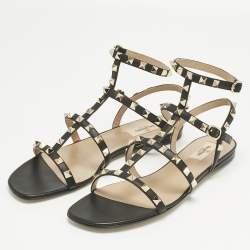 Pre Owned Valentino Black Leather Rockstud Flat Sandals Size 40