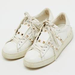Pre Owned Valentino White Leather Rockstud Low Top Sneakers Size 37.5