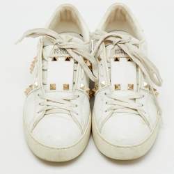Pre Owned Valentino White Leather Rockstud Low Top Sneakers Size 37.5