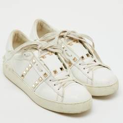 Pre Owned Valentino White Leather Rockstud Low Top Sneakers Size 37.5