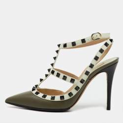 Pre Owned Valentino White/Olive Green Leather Rockstud Ankle Strap Pumps Size 37.5