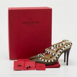 Pre Owned Valentino White/Olive Green Leather Rockstud Ankle Strap Pumps Size 37.5