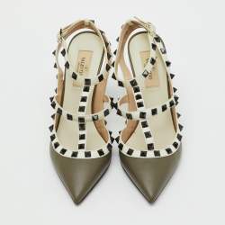 Pre Owned Valentino White/Olive Green Leather Rockstud Ankle Strap Pumps Size 37.5