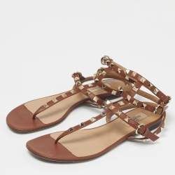 Pre Owned Valentino Brown Leather Rockstud Flat Thong Sandals Size 38