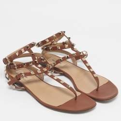 Pre Owned Valentino Brown Leather Rockstud Flat Thong Sandals Size 38