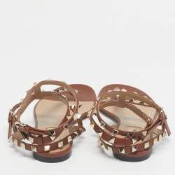 Pre Owned Valentino Brown Leather Rockstud Flat Thong Sandals Size 38
