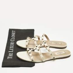 Pre Owned Valentino Cream Leather Rockstud Flat Slides Size 39