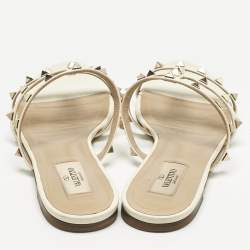 Pre Owned Valentino Cream Leather Rockstud Flat Slides Size 39