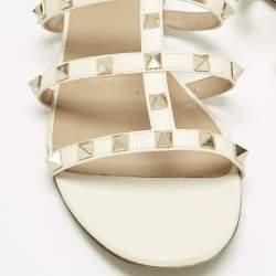 Pre Owned Valentino Cream Leather Rockstud Flat Slides Size 39