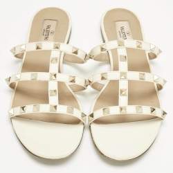 Pre Owned Valentino Cream Leather Rockstud Flat Slides Size 39