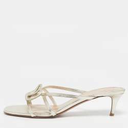Pre Owned Valentino Metallic Leather VLogo Signature Slide Sandals Size 40.5
