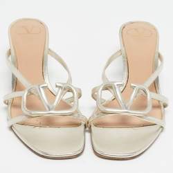 Pre Owned Valentino Metallic Leather VLogo Signature Slide Sandals Size 40.5