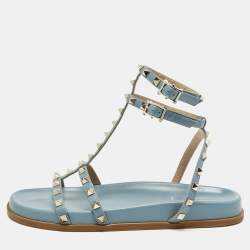 Pre Owned Valentino Blue Leather And PVC Rockstud Ankle Strap Flat Slides Size 40.5