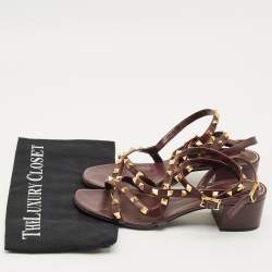 Pre Owned Valentino Burgundy Leather Rockstud Ankle Strap Block Heel Sandals Size 38.5