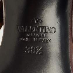 Pre Owned Valentino Burgundy Leather Rockstud Ankle Strap Block Heel Sandals Size 38.5