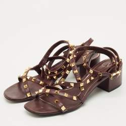 Pre Owned Valentino Burgundy Leather Rockstud Ankle Strap Block Heel Sandals Size 38.5