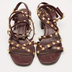 Pre Owned Valentino Burgundy Leather Rockstud Ankle Strap Block Heel Sandals Size 38.5