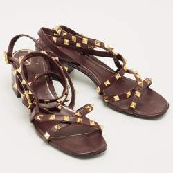 Pre Owned Valentino Burgundy Leather Rockstud Ankle Strap Block Heel Sandals Size 38.5
