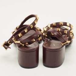Pre Owned Valentino Burgundy Leather Rockstud Ankle Strap Block Heel Sandals Size 38.5