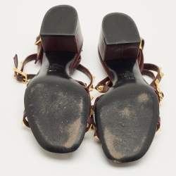 Pre Owned Valentino Burgundy Leather Rockstud Ankle Strap Block Heel Sandals Size 38.5