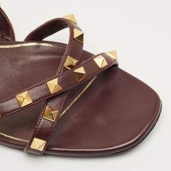 Pre Owned Valentino Burgundy Leather Rockstud Ankle Strap Block Heel Sandals Size 38.5