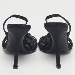 مملوكة مسبقًا Valentino Black Satin Crystal Embellish Slingback Sandals Size 37.5