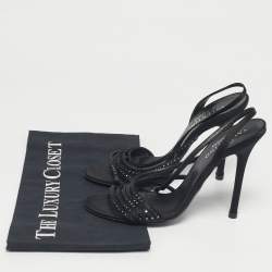 مملوكة مسبقًا Valentino Black Satin Crystal Embellish Slingback Sandals Size 37.5