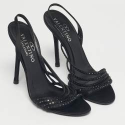 مملوكة مسبقًا Valentino Black Satin Crystal Embellish Slingback Sandals Size 37.5