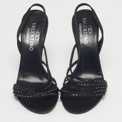 مملوكة مسبقًا Valentino Black Satin Crystal Embellish Slingback Sandals Size 37.5