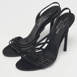 مملوكة مسبقًا Valentino Black Satin Crystal Embellish Slingback Sandals Size 37.5