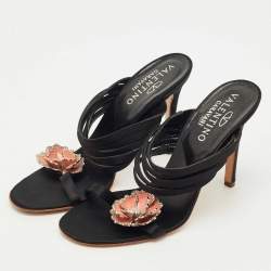 Pre Owned Valentino Black Satin Flower Embellish Slide Sandals Size 38