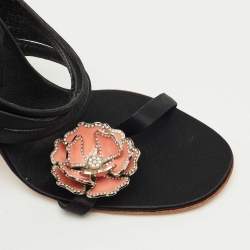 Pre Owned Valentino Black Satin Flower Embellish Slide Sandals Size 38