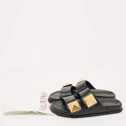 Pre Owned Valentino Black Leather One Stud Flat Sandals Size 40.5