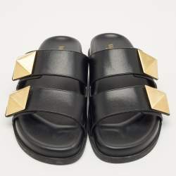 Pre Owned Valentino Black Leather One Stud Flat Sandals Size 40.5