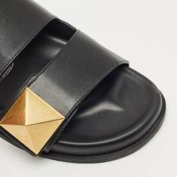 Pre Owned Valentino Black Leather One Stud Flat Sandals Size 40.5