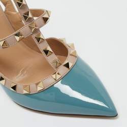 Pre Owned حذاء كعب عالي فالنتينو روكستد جلد أبيض/ أخضر زيتوني بحزام للكاحل مقاس 37.5