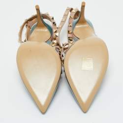 Pre Owned حذاء كعب عالي فالنتينو روكستد جلد أبيض/ أخضر زيتوني بحزام للكاحل مقاس 37.5