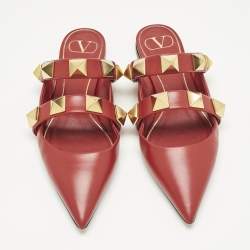 Pre Owned حذاء مولز فالنتينو فلات رومان جلد عنابي مرصع مقاس 38