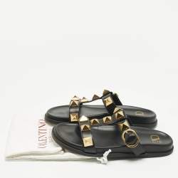 Pre Owned Valentino Black Leather Roman Stud Flat Slide Sandals Size 39