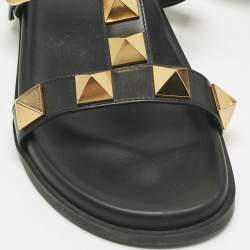 Pre Owned Valentino Black Leather Roman Stud Flat Slide Sandals Size 39
