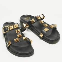 Pre Owned Valentino Black Leather Roman Stud Flat Slide Sandals Size 39