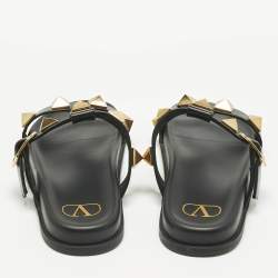 Pre Owned Valentino Black Leather Roman Stud Flat Slide Sandals Size 39