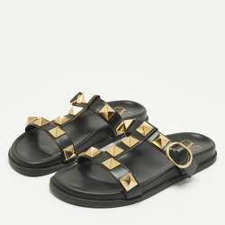 Pre Owned Valentino Black Leather Roman Stud Flat Slide Sandals Size 39